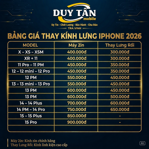 Bảng Giá Thay Kính Lưng iPhone 2026 – Duy Tân Mobile – Trà Vinh | Uy Tín, Nhanh Chóng
