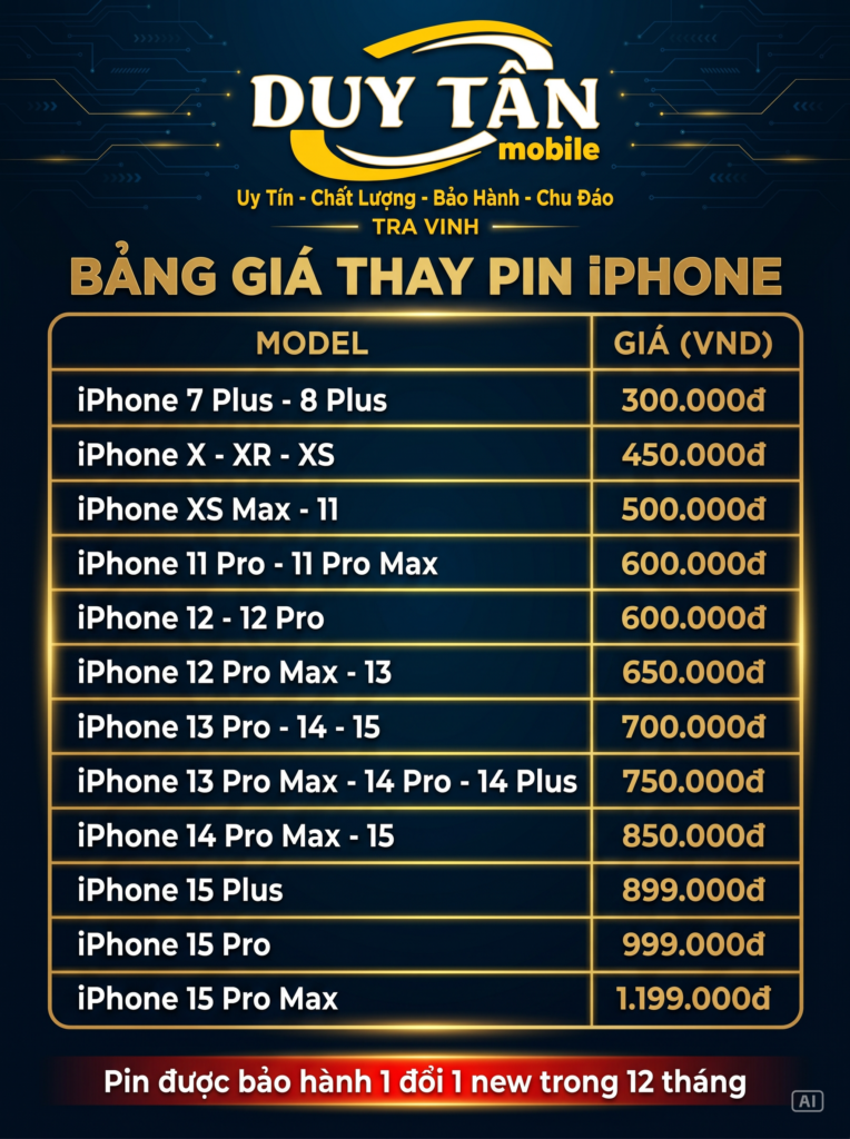Bảng Giá Thay Pin 2026 – Duy Tân Mobile – Trà Vinh | Uy Tín, Nhanh Chóng
